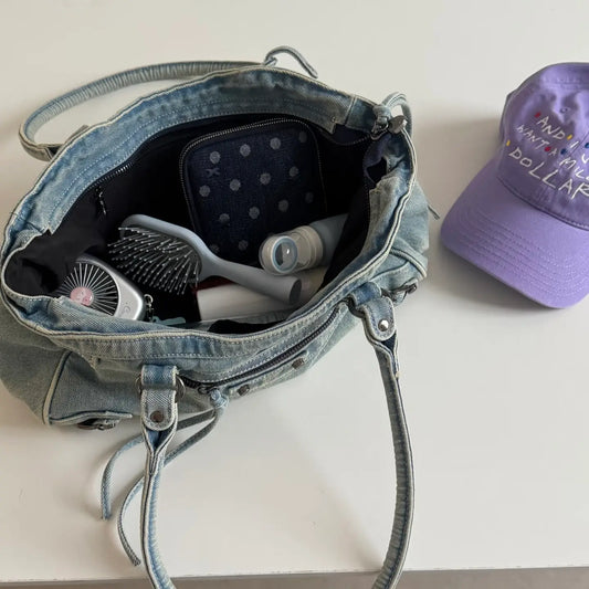Vintage Washed Denim Baguette Hobo Bag