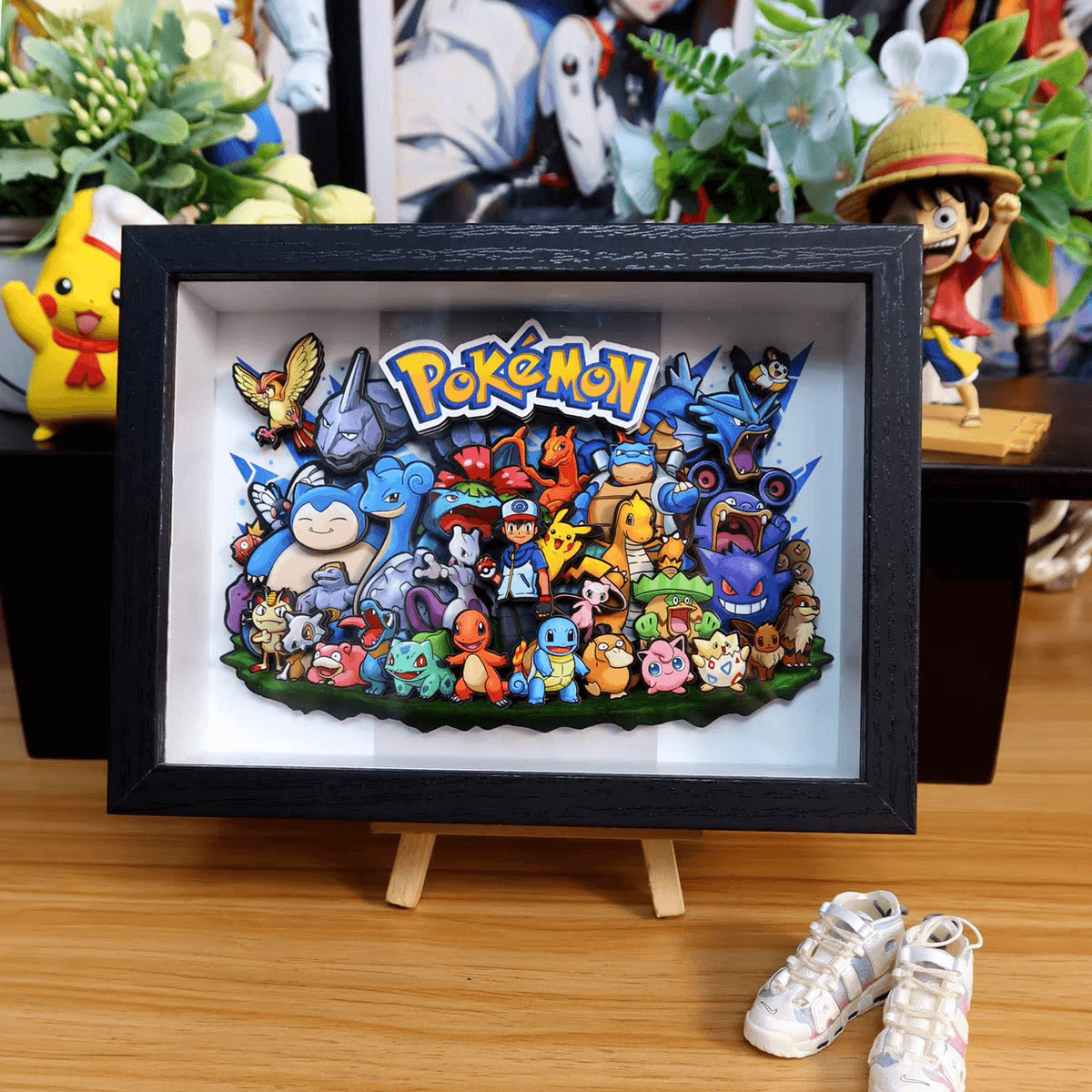 Pokemon Family 3D Wall Art handmade anime shadow box, 3D Pokemon frame display on table