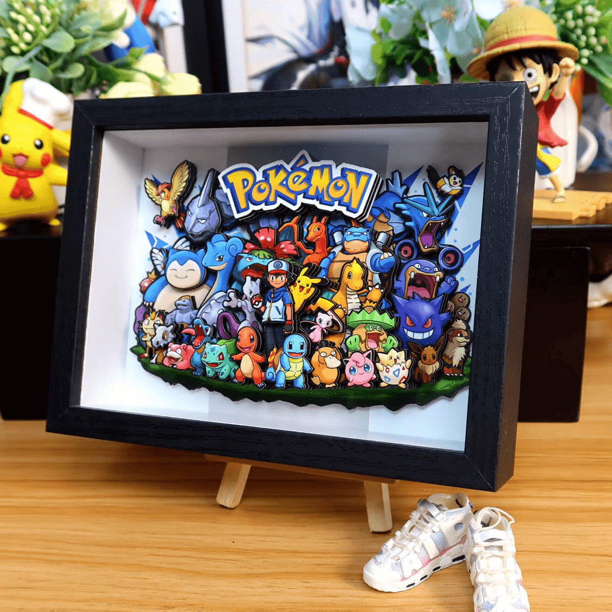 Pokemon Family 3D Wall Art full front display, black frame anime 3D shadow box