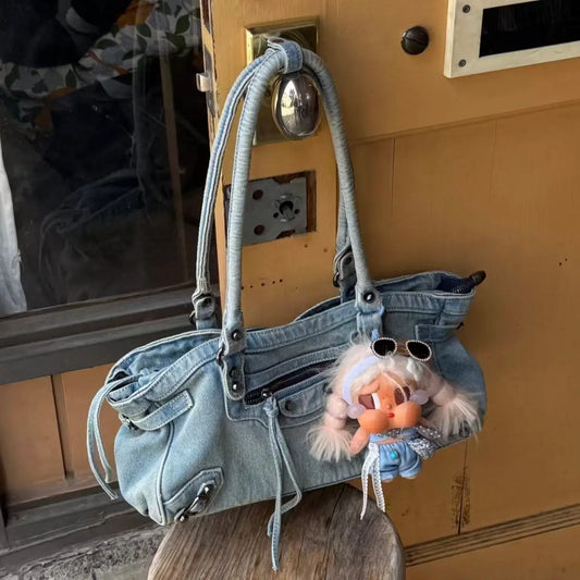 Vintage Washed Denim Baguette Hobo Bag