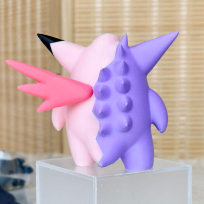 Backside of Gengar and Clefable half fusion figurine showing magnetic split design and detailed sculpt