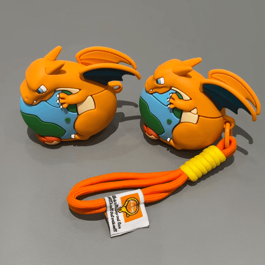Two Charizard AirPods cases side by side with matching orange lanyards, Pokemon protective earphone case