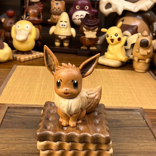 Front view of handcrafted wooden Eevee figurine, natural wood colors, perfect for collection and display