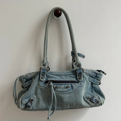 Vintage Washed Denim Baguette Hobo Bag