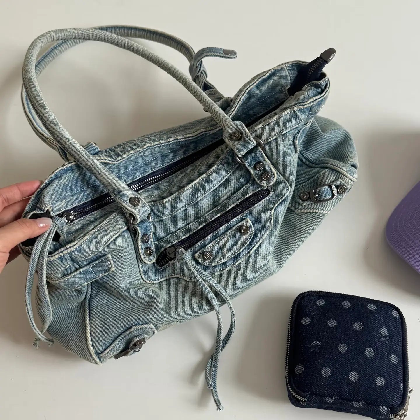 Vintage Washed Denim Baguette Hobo Bag