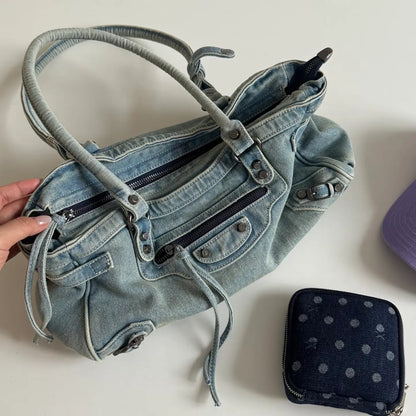 Vintage Washed Denim Baguette Hobo Bag