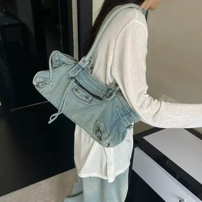 Vintage Washed Denim Baguette Hobo Bag