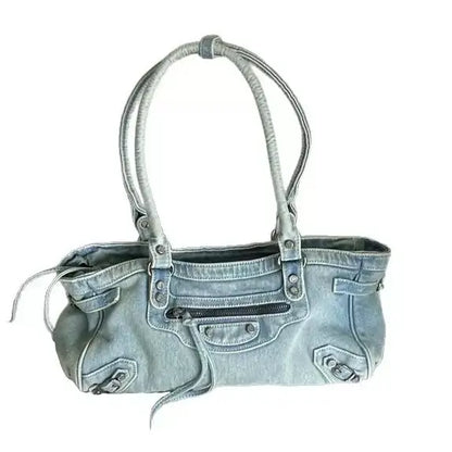 Vintage Washed Denim Baguette Hobo Bag