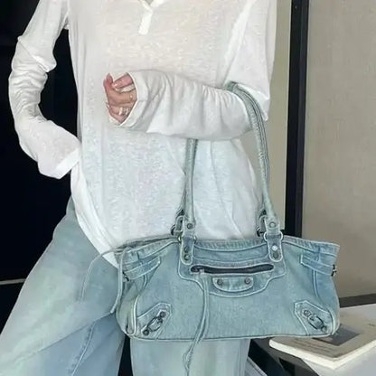 Vintage Washed Denim Baguette Hobo Bag