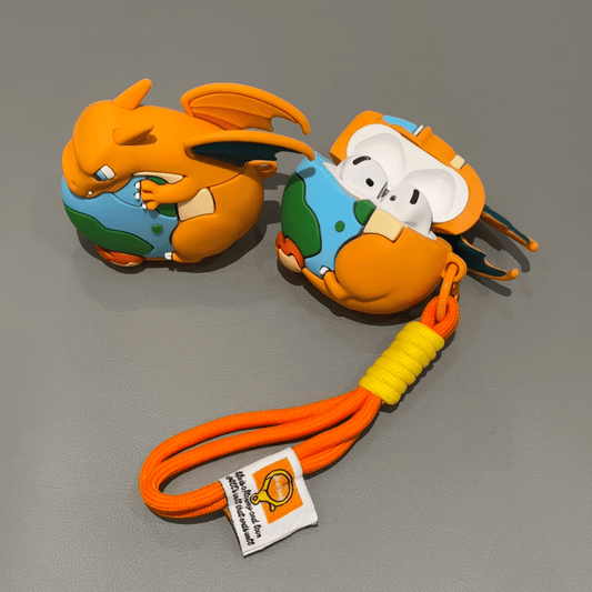 Open Charizard AirPods case showing earbuds inside, durable silicone Pokemon case