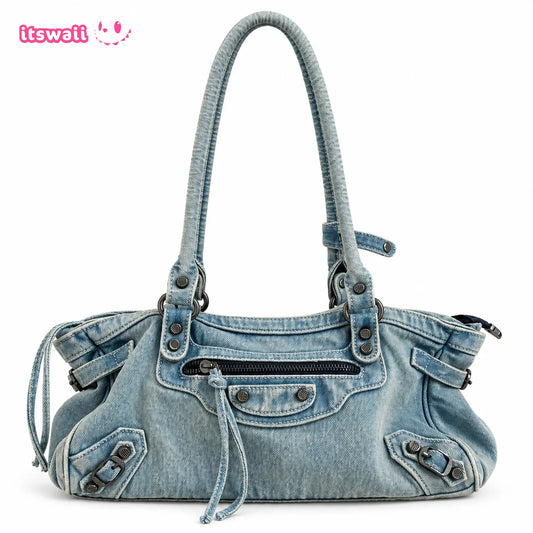 Vintage Washed Denim Baguette Hobo Bag
